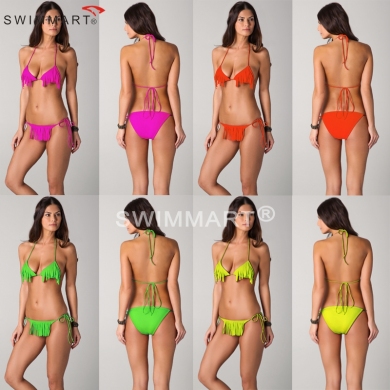 Tassels Both Top and Bottom Removable padding Black Women's Fringe Bikini