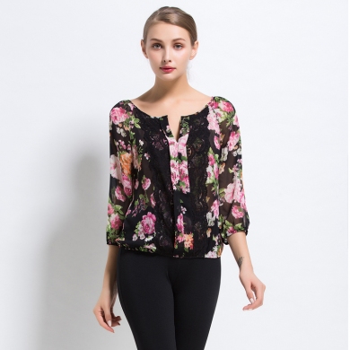 Excellent Original Order Qualitty Sexy Women Light Thin Transparent Three Quarter Chiffon Shirt for Summer Big Hibiscus 