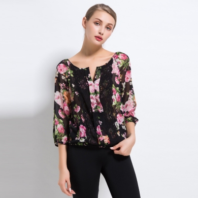 Excellent Original Order Qualitty Sexy Women Light Thin Transparent Three Quarter Chiffon Shirt for Summer Big Hibiscus 