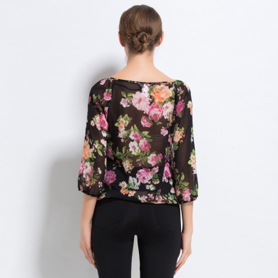 Excellent Original Order Qualitty Sexy Women Light Thin Transparent Three Quarter Chiffon Shirt for Summer Big Hibiscus 